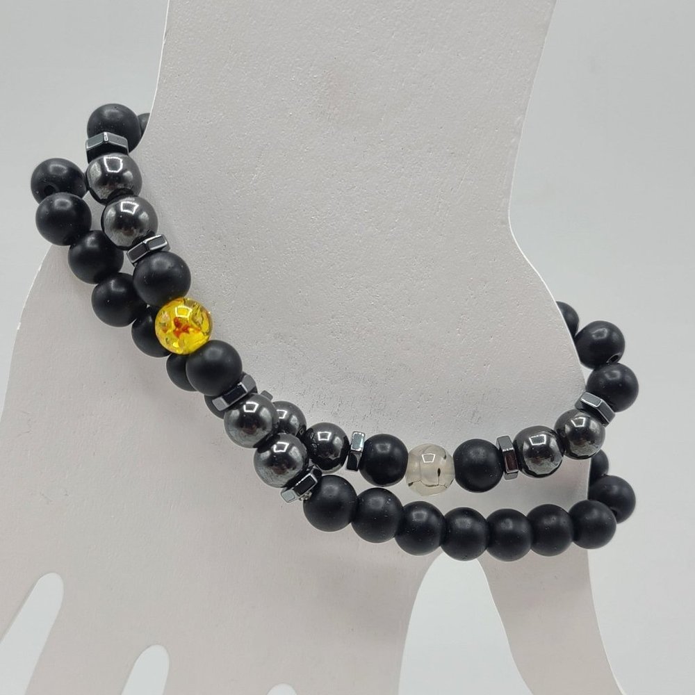Beaded Stone Metal Art Glass Bracelets Stretch Black Yellow Boutique Jewelry